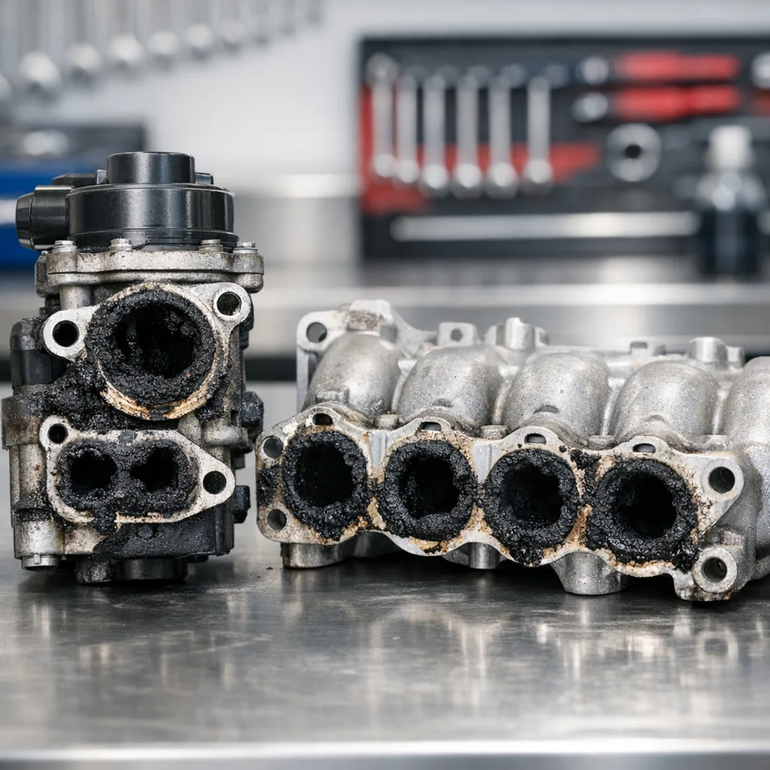 Hiace 2.8 D-4D: carbon clogged EGR valve and intake manifold from a 1GD FTV, a common finding on urban duty fleet vans