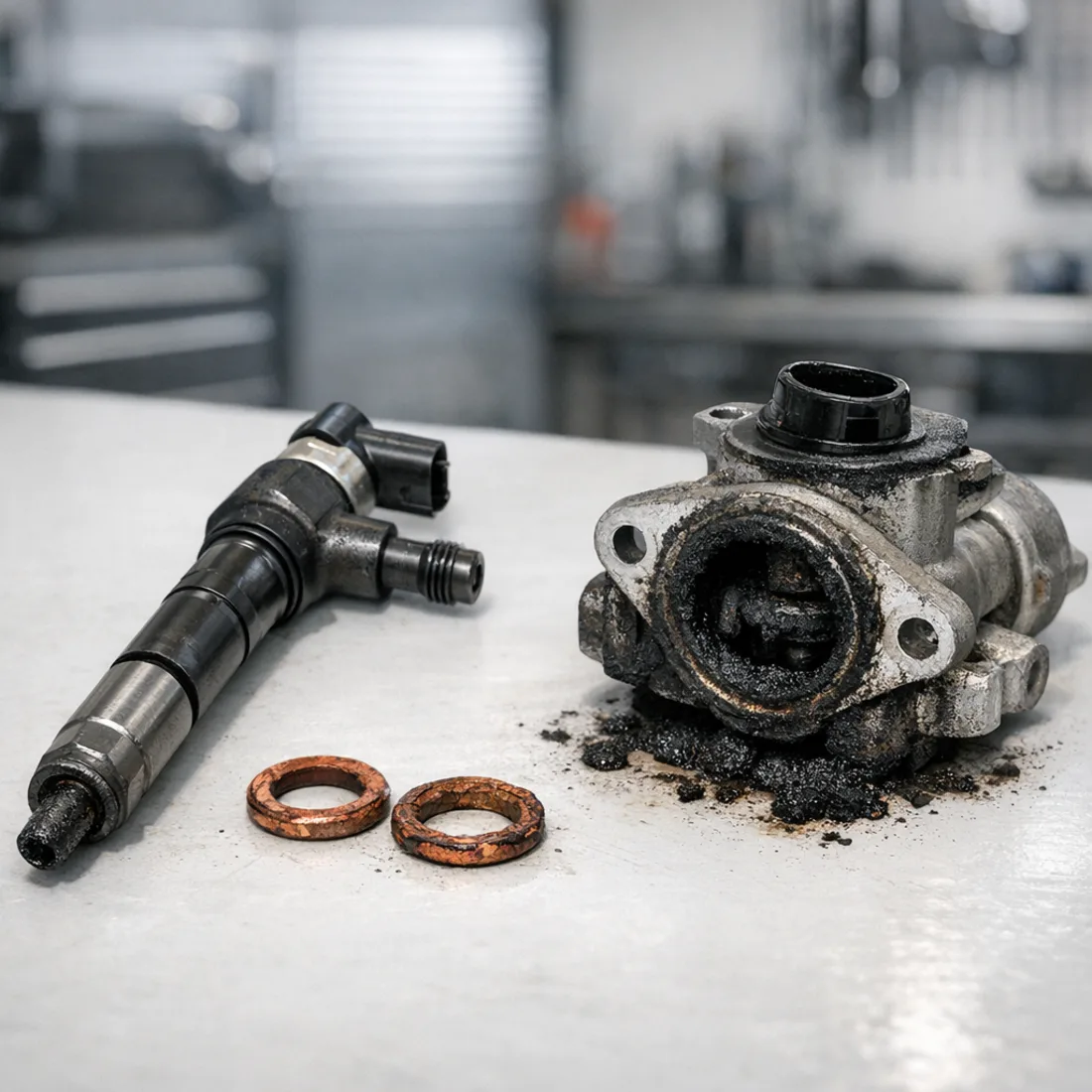 Hiace 3.0 D-4D: worn 1KD FTV injector and EGR valve, two of the most consistent fault items on this engine