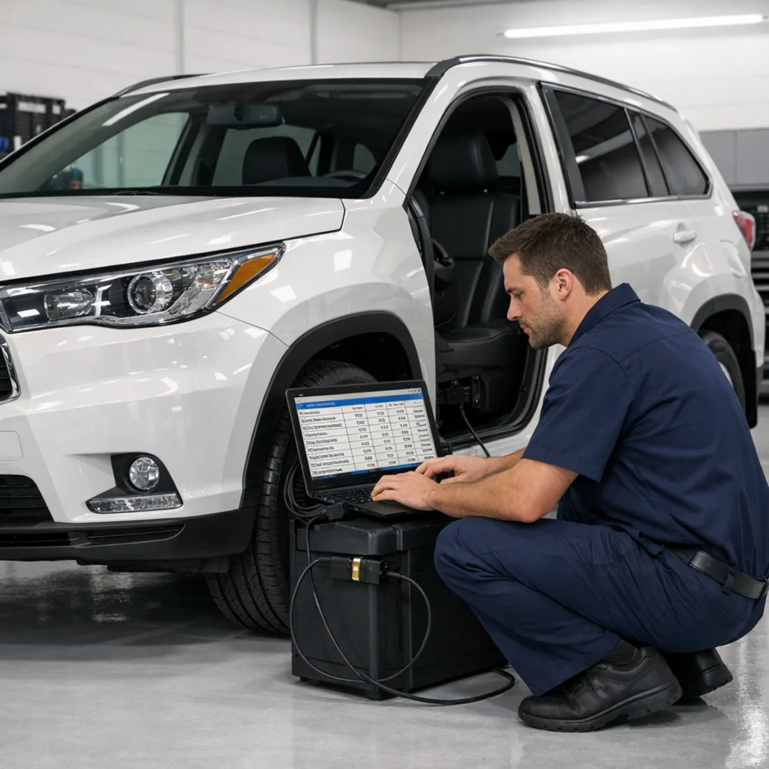 Technician running Toyota Techstream diagnostics on a Highlander, reading live ECU data and adaptation values