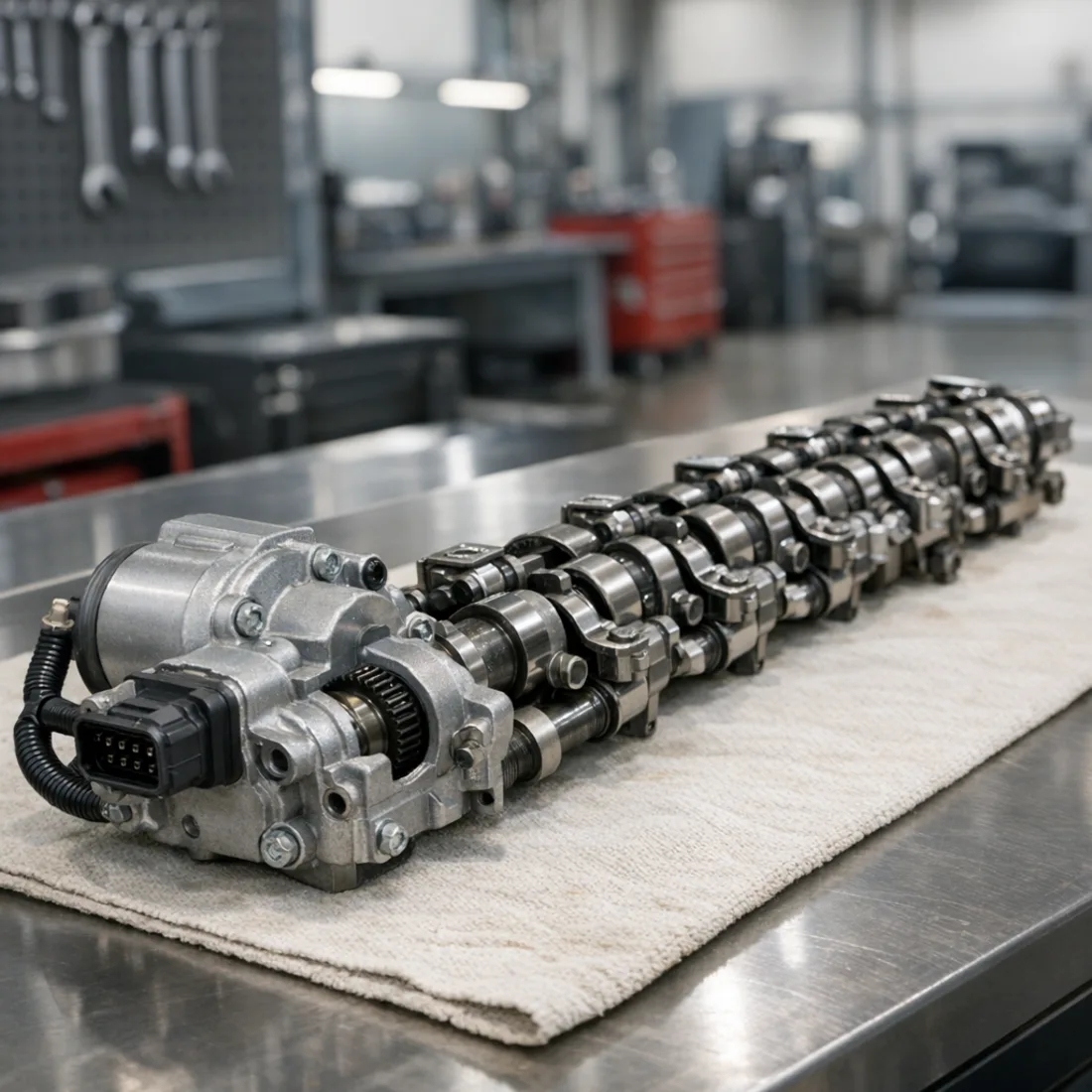 Toyota RAV4 3ZR-FAE Valvematic actuator and intake camshaft assembly on the workshop bench