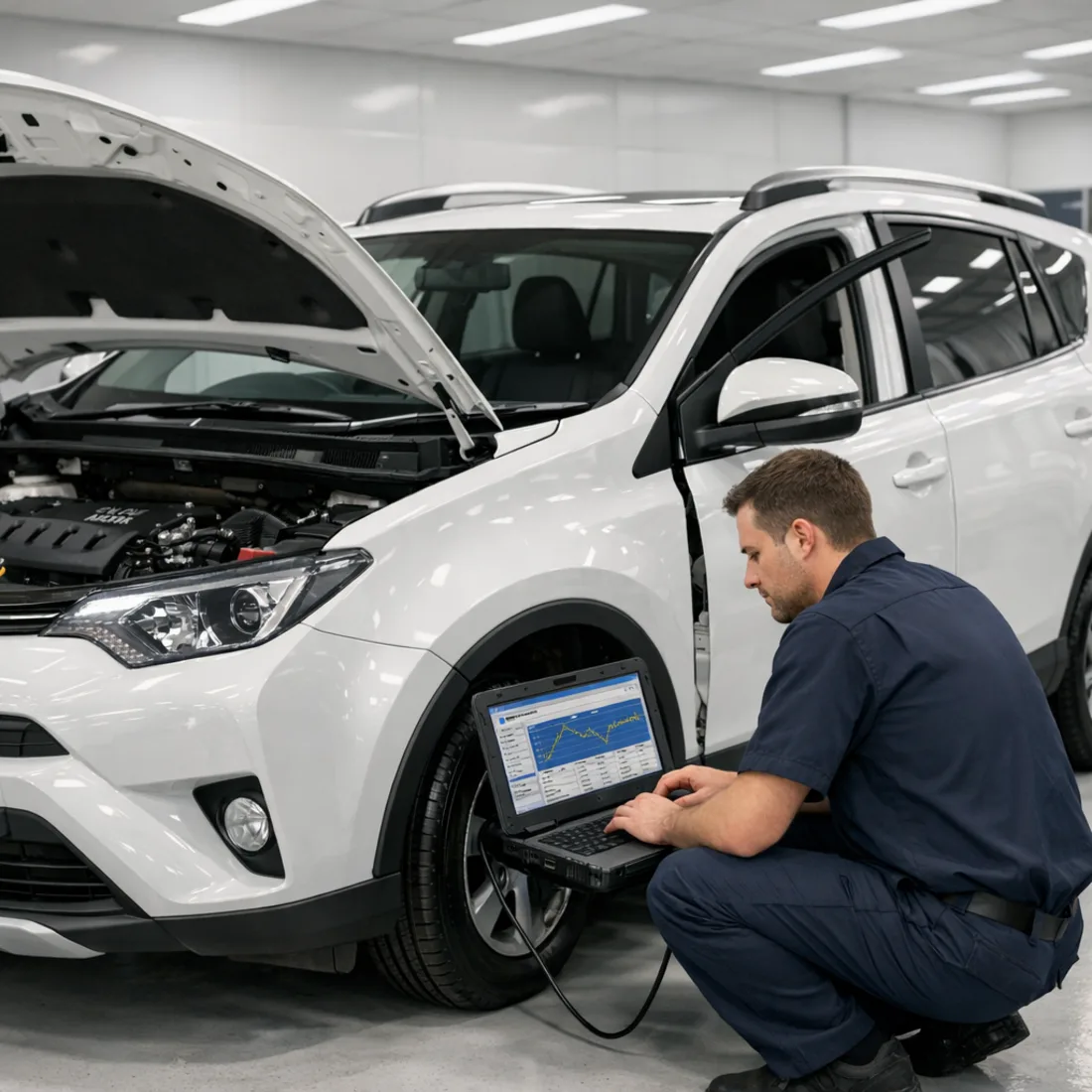 Technician running Toyota Techstream dealer diagnostics on a RAV4 at our Penrose workshop