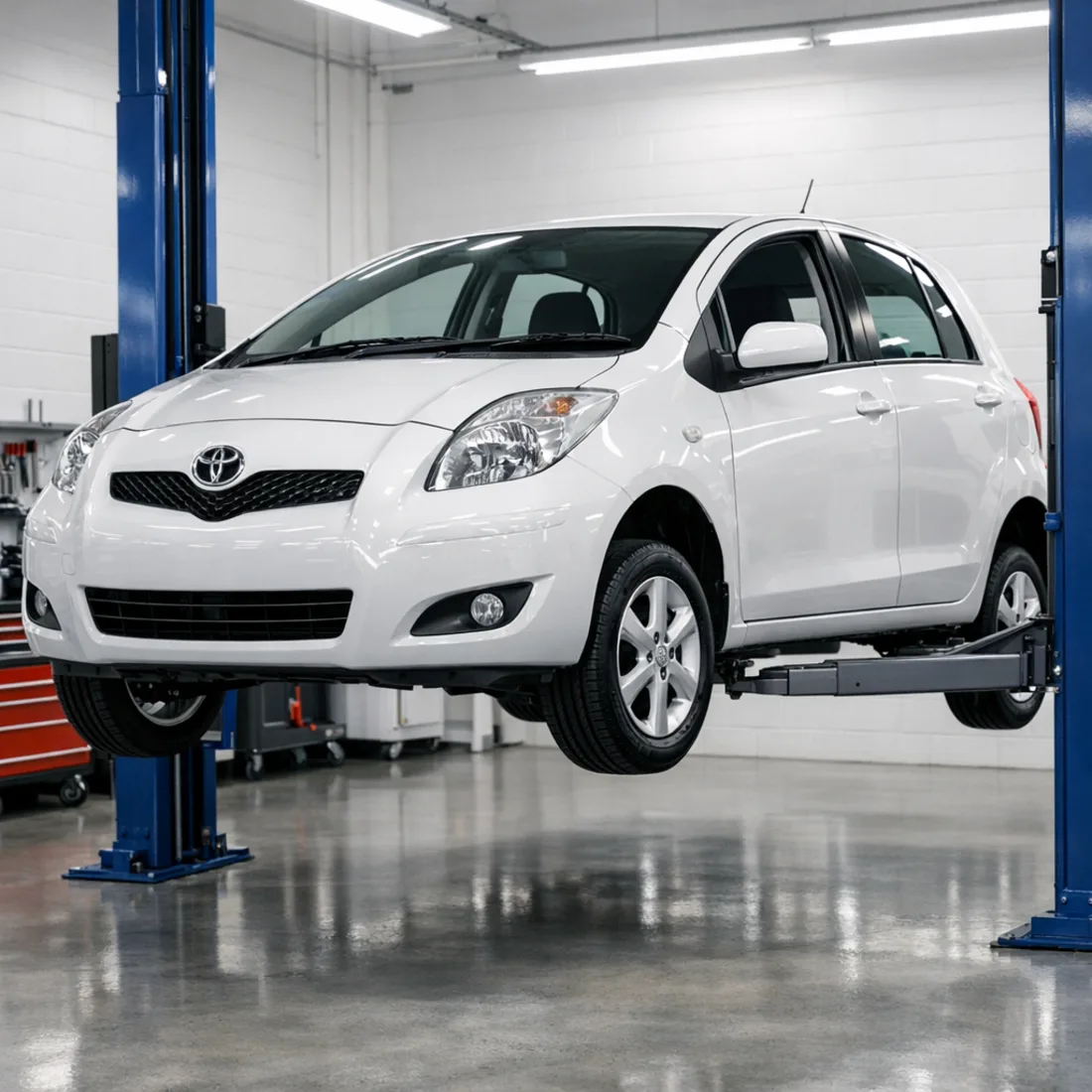 Toyota Yaris 1.0i on the hoist at our Penrose workshop