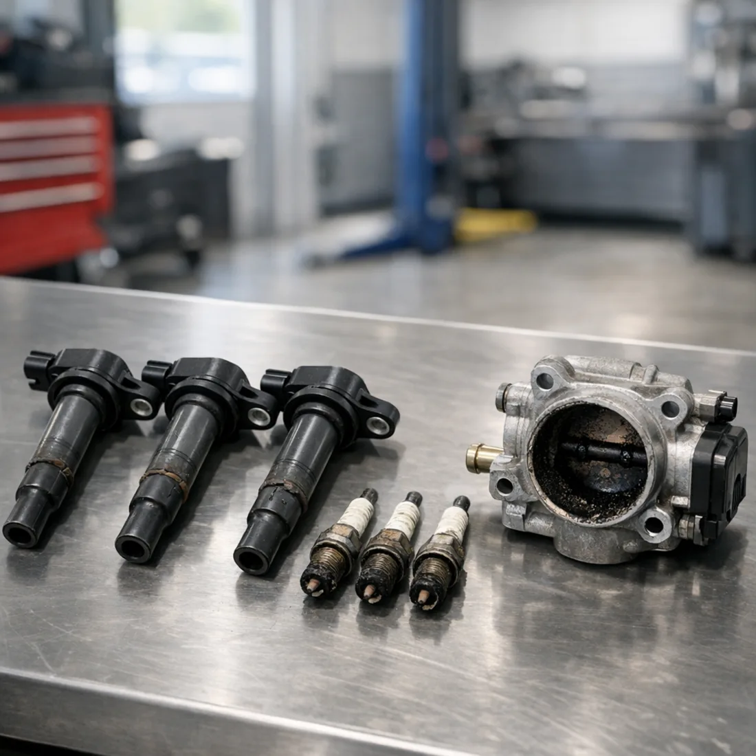 Worn ignition coil and spark plug from a Toyota Yaris 1KR-FE, alongside a throttle body showing carbon build-up