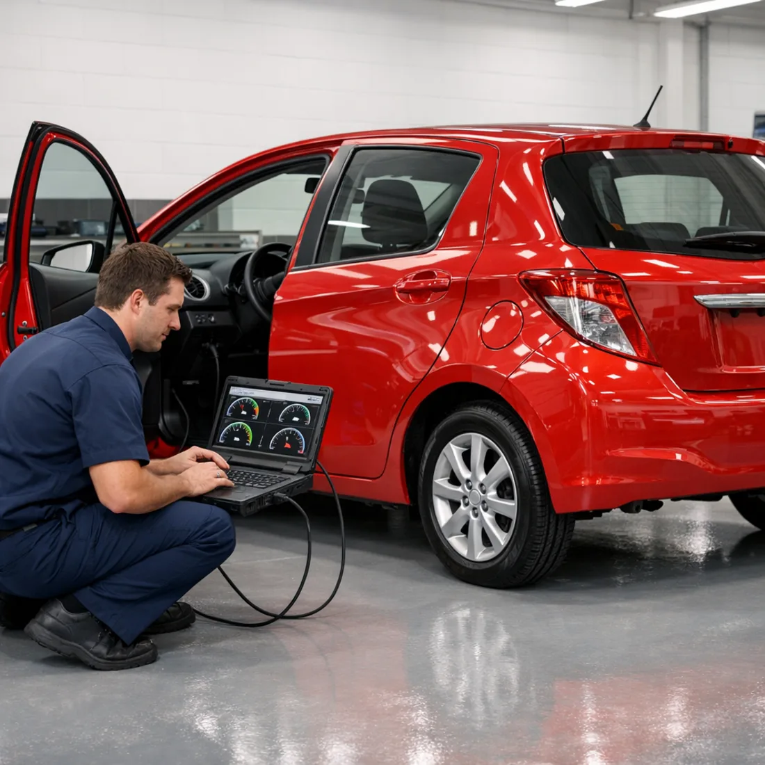 Technician running Toyota Techstream diagnostics on a Yaris at our Penrose workshop