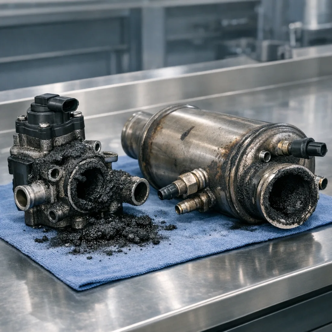 EGR valve and DPF components from the V6 TDI with carbon build up