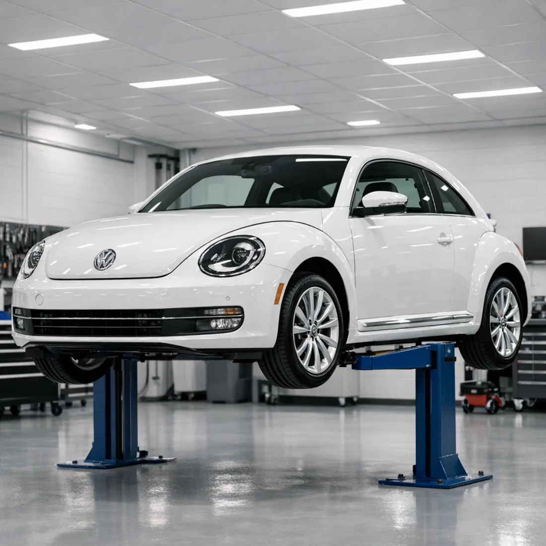 Front three quarter view of a Volkswagen Beetle 2.0 TSI on a workshop hoist in a bright clean Auckland workshop.