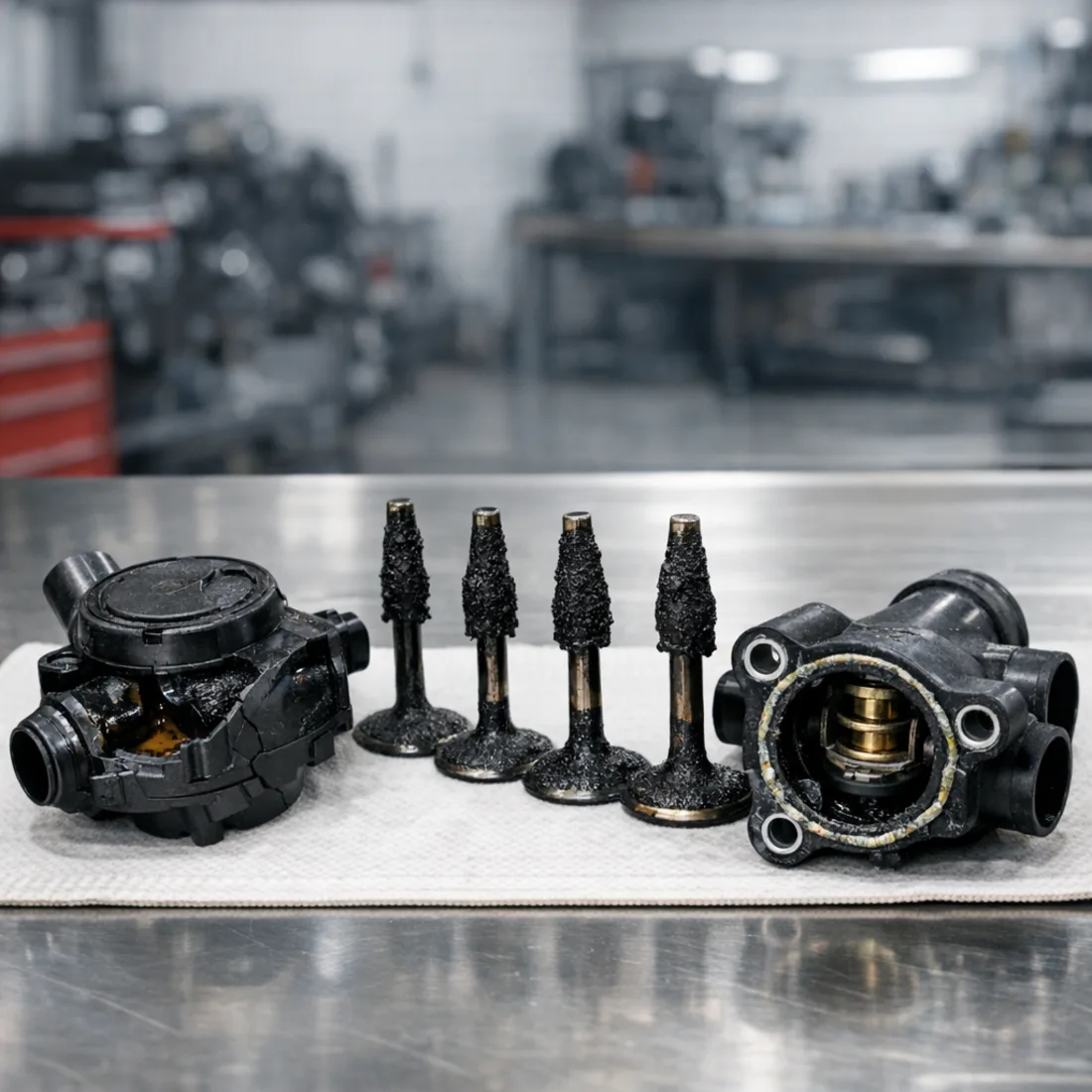 EA888 CULC common fault components on workshop bench including a cracked PCV oil separator valve, carbon clogged intake valves, and a worn plastic thermostat housing.
