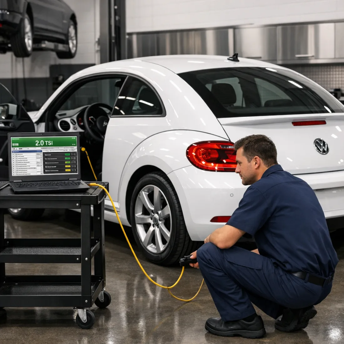 Technician running ODIS factory diagnostics on a Volkswagen Beetle 2.0 TSI, screen showing live engine data readouts and fault module overview.