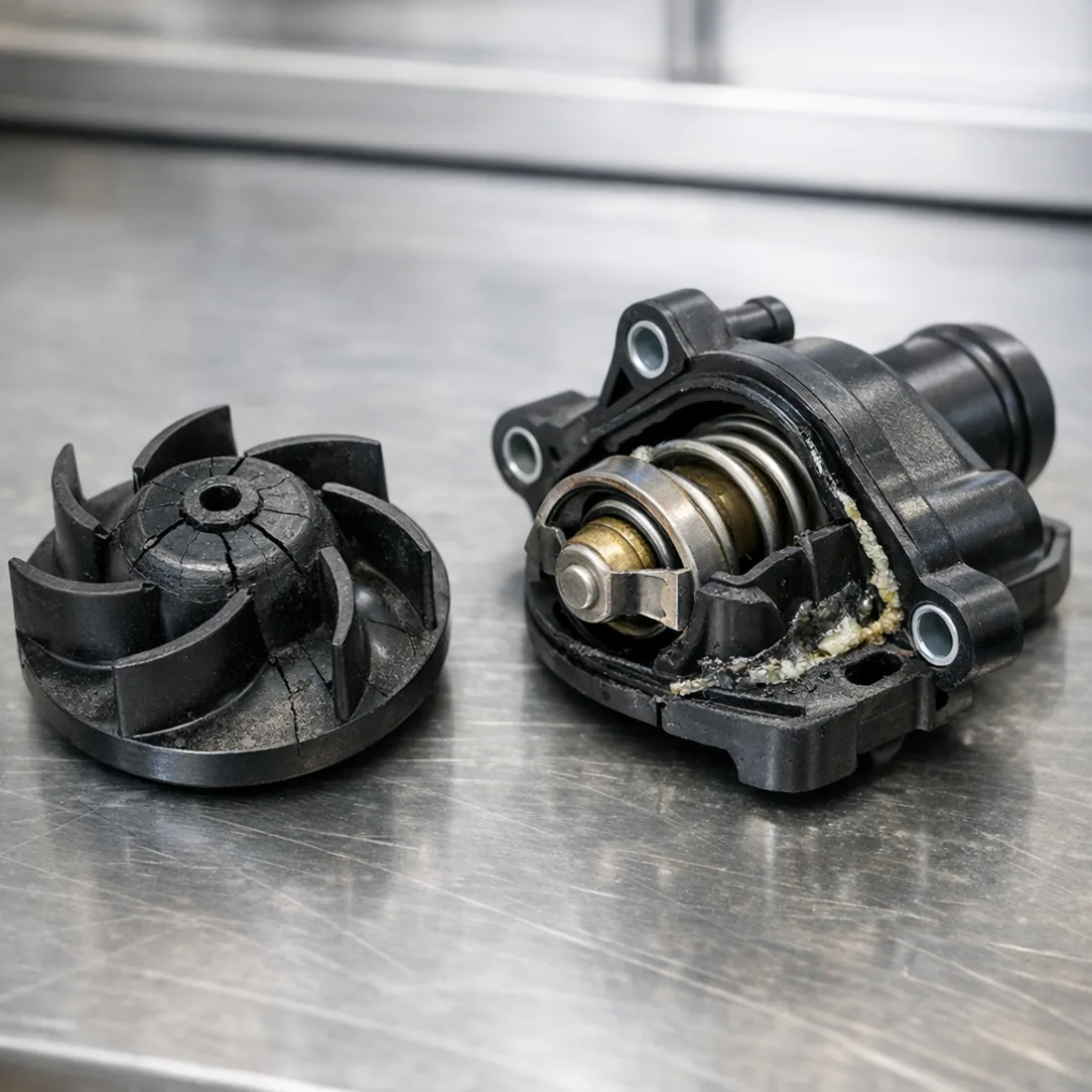 Worn plastic water pump and thermostat housing from a Volkswagen Eos 1.4 TSI CAX.