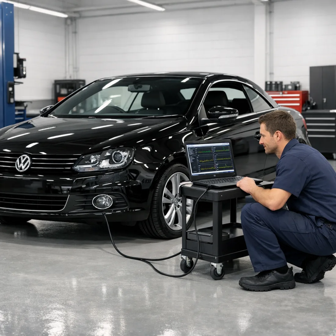Technician running ODIS factory diagnostics on a Volkswagen Eos 1.4 TSI at our Penrose workshop.