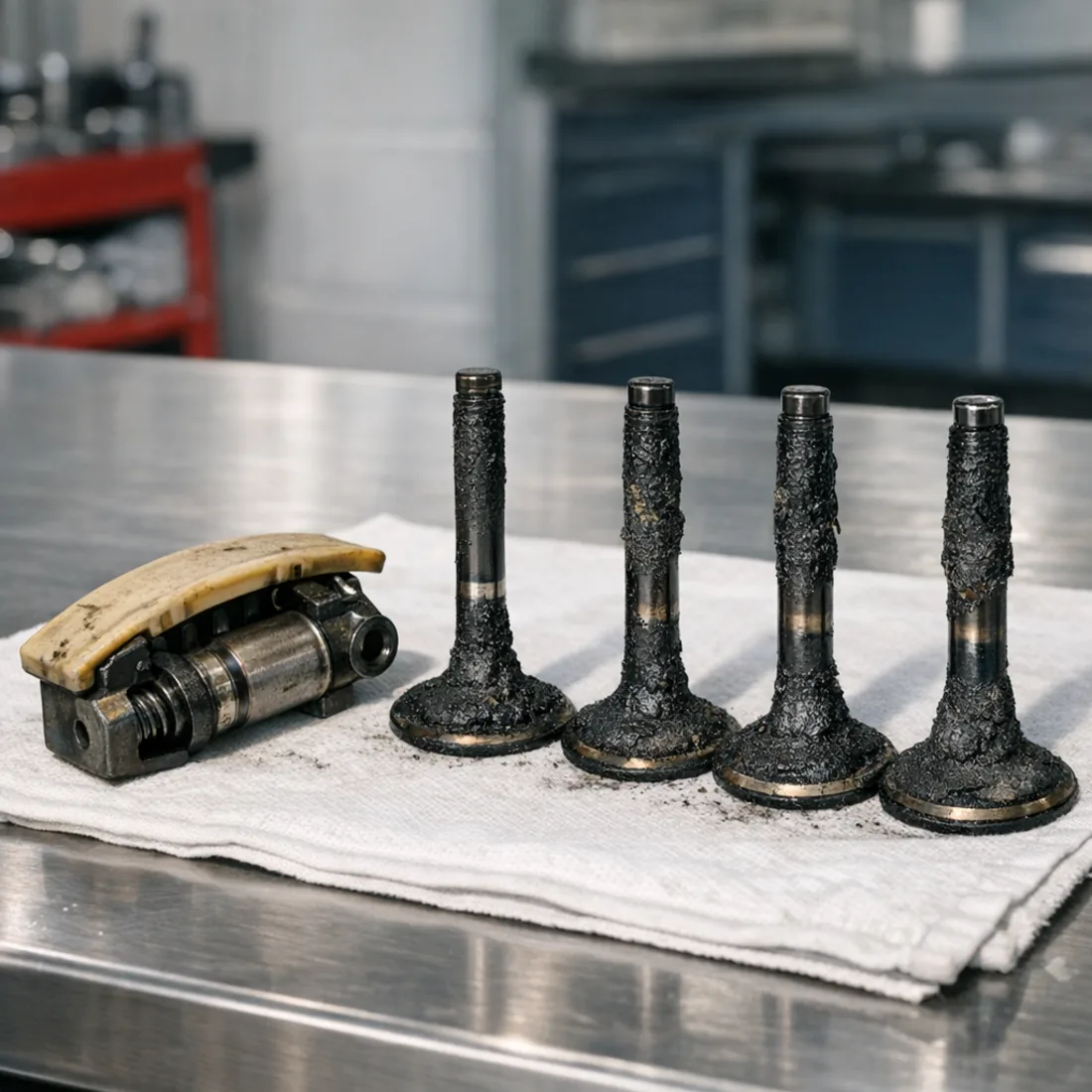 Golf 6 CBZA: a worn timing chain tensioner and carbon fouled intake valves, the two issues we see most on this engine
