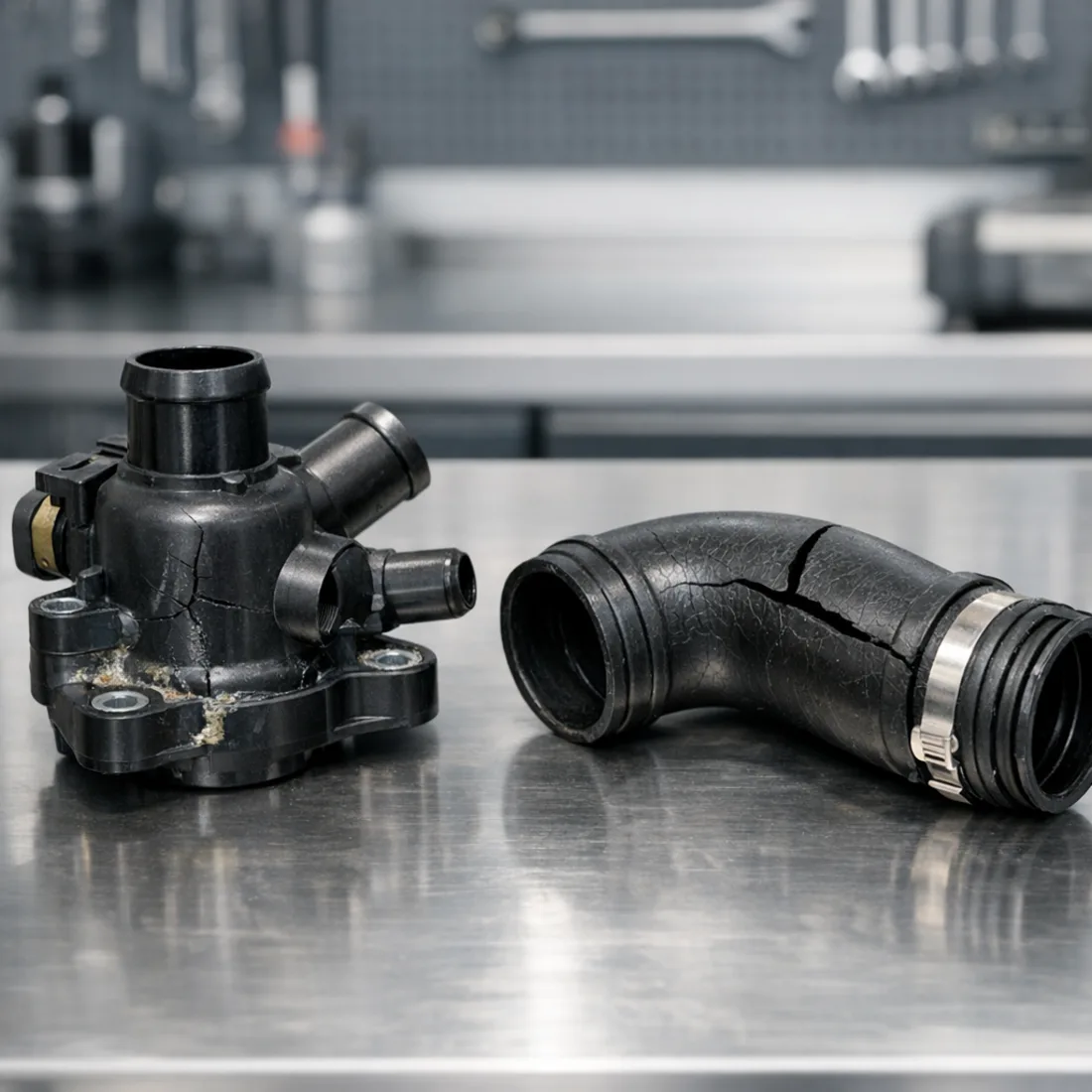 Golf 7 CZCA: a failed thermostat housing and cracked charge pipe, both common on the EA211 family
