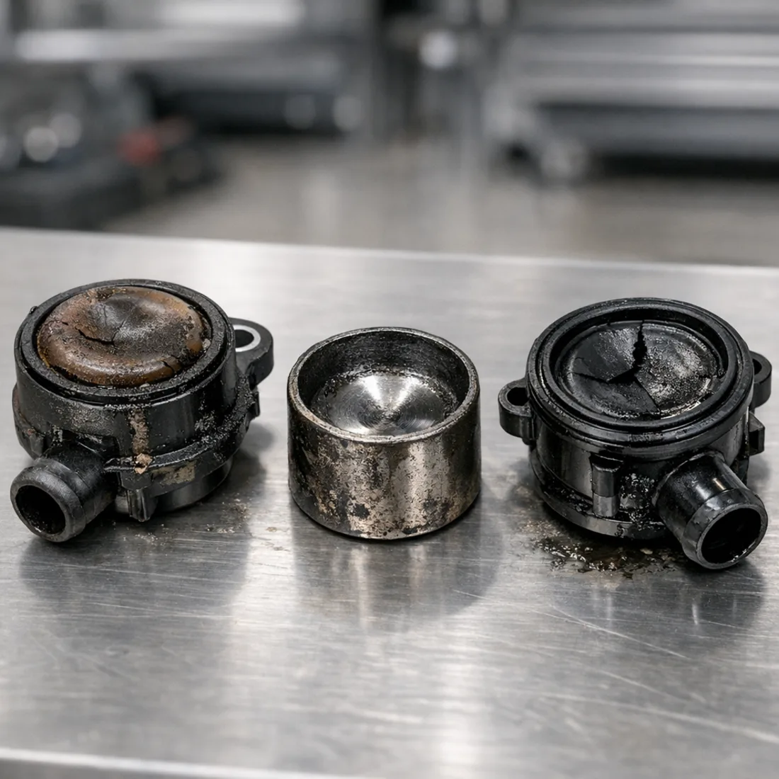 Typical EA888 wear items from a Mk7.5 GTI: PCV valve, water pump components and associated parts