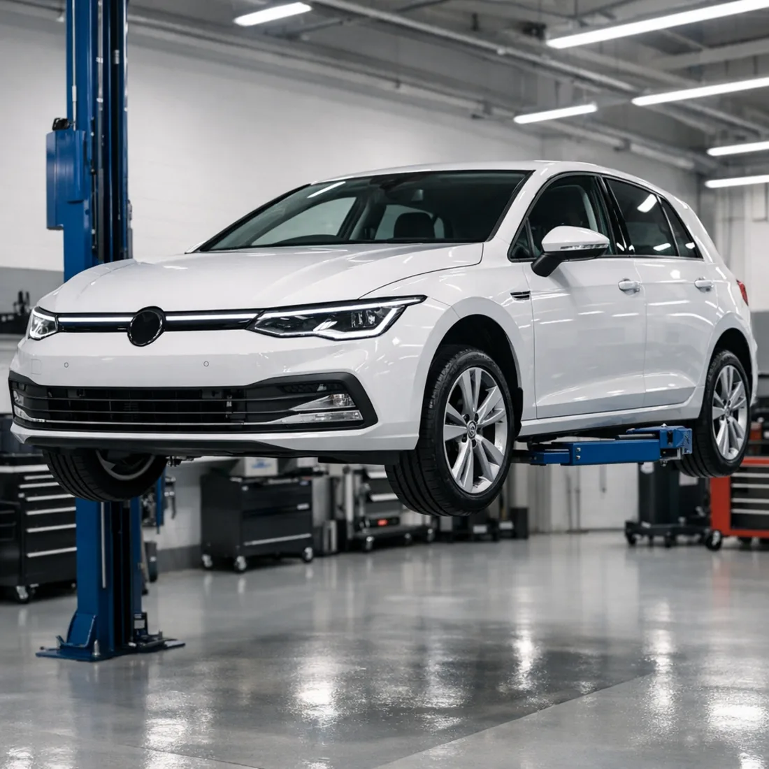 Golf 8 2.0 TDI on the hoist at our Penrose workshop for a full service inspection