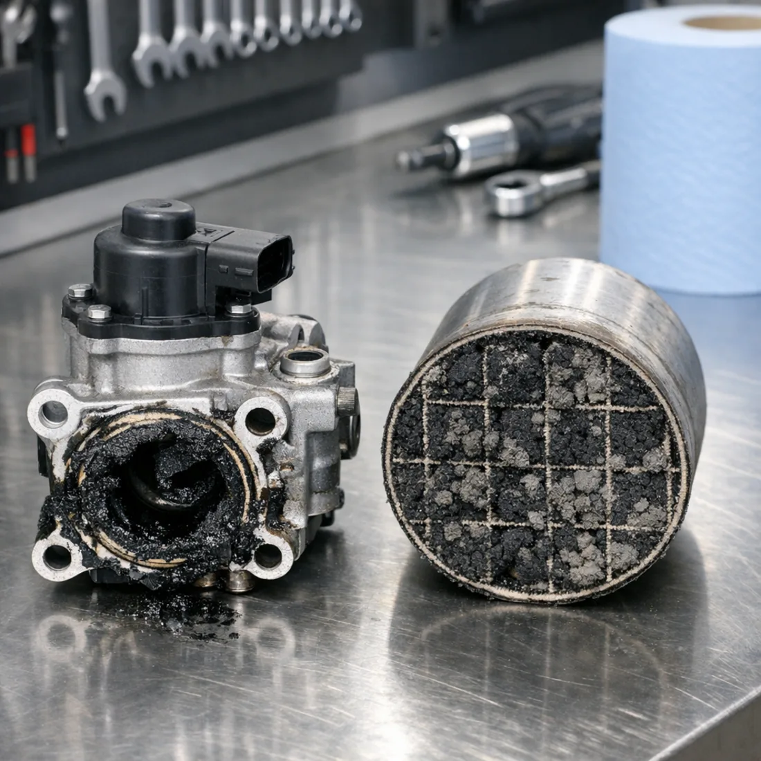 Golf 8 2.0 TDI: EGR and DPF components on the bench for inspection and cleaning