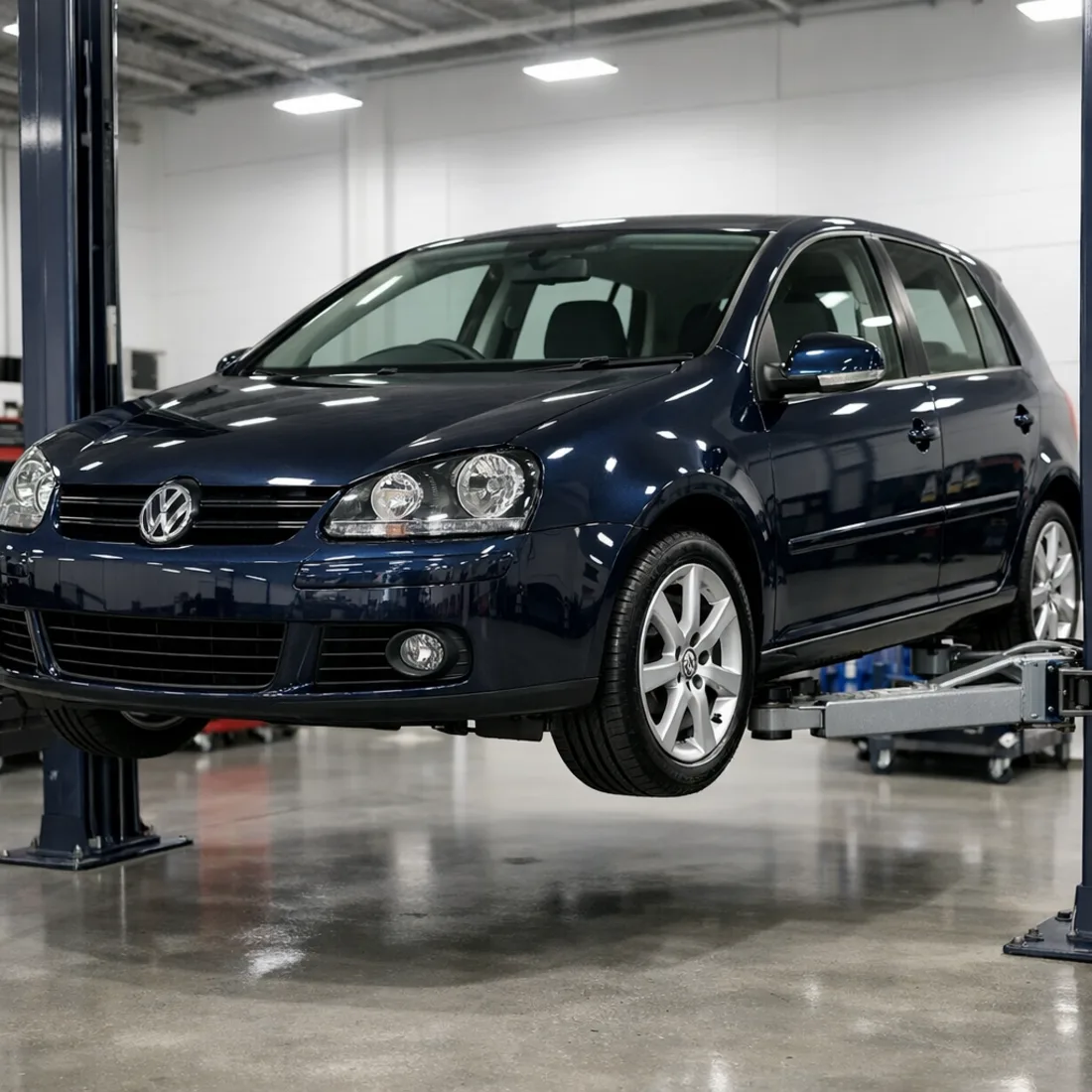 Golf Mk5 1.9 TDI on the hoist for a full inspection, same process we apply to every generation
