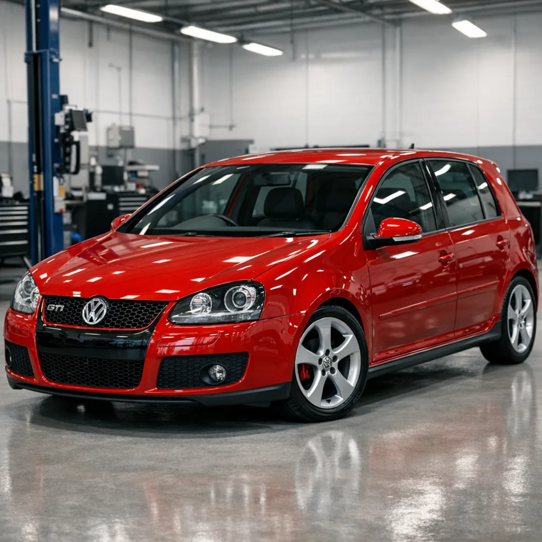 Golf GTI on the hoist for a full inspection, the right starting point before any tune or repair