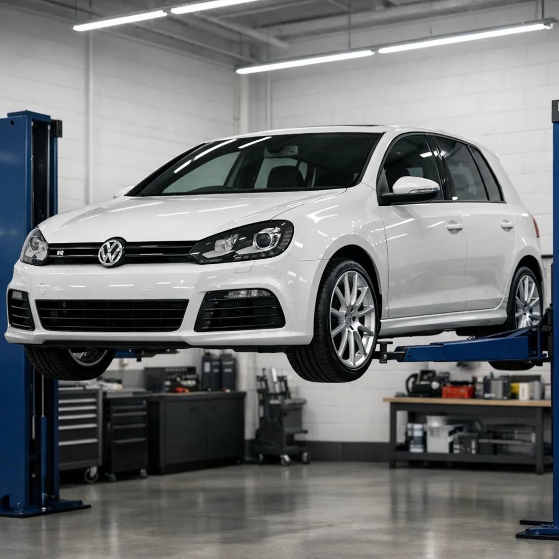 Golf R Mk6 on the hoist at our Penrose workshop