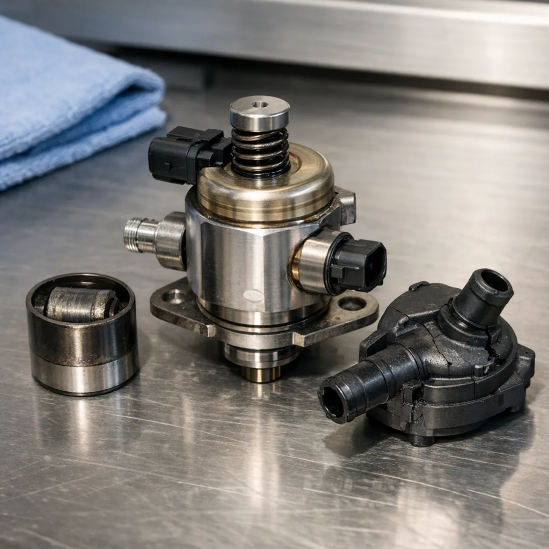 Worn cam follower and HPFP parts, Golf R Mk6