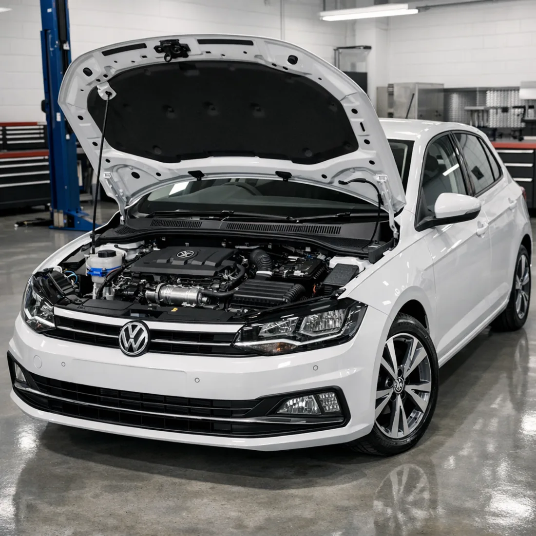 AW 1.5 TSI in our workshop. Correct spec oil and OEM parts every time, regardless of which Polo generation you have