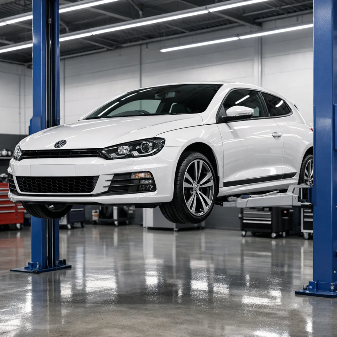 Volkswagen Scirocco 2.0 TDI on the workshop hoist at our Penrose facility