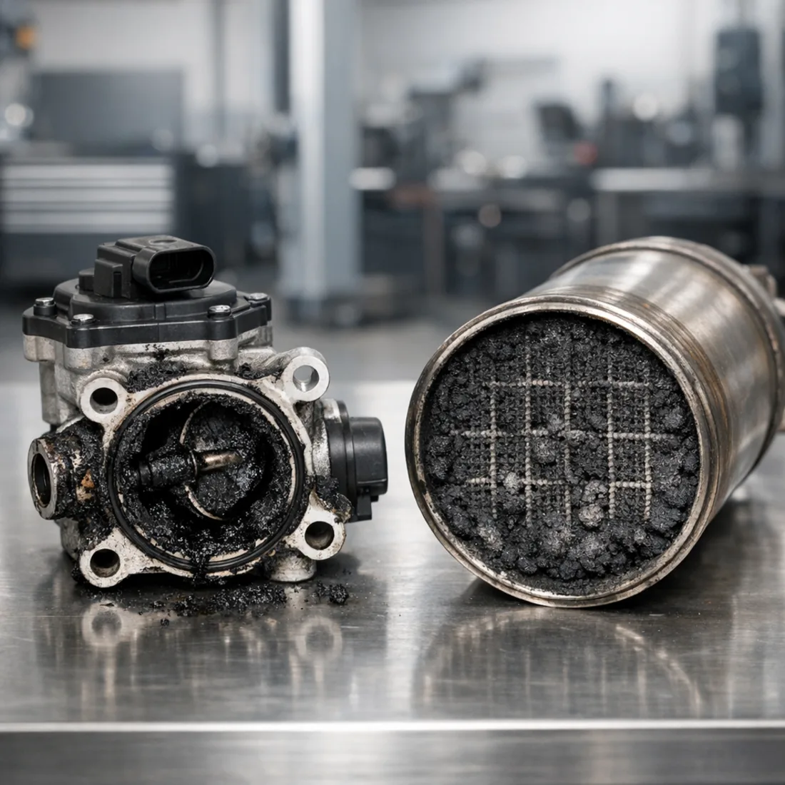 EGR valve and DPF components from a CUWA engine showing carbon deposits and wear