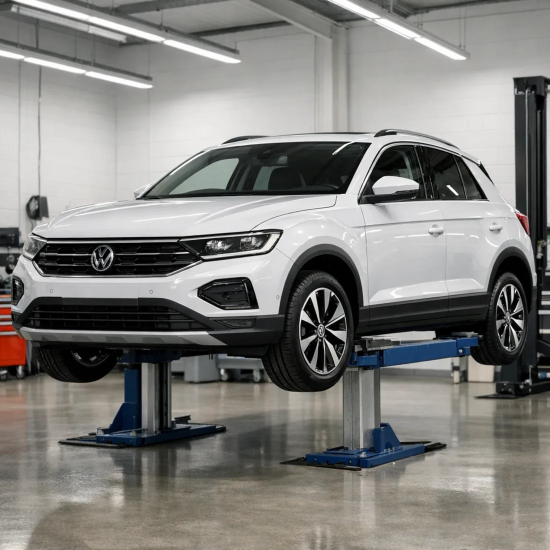 Volkswagen T-Roc 1.5 TSI on the hoist for a routine service at our Penrose workshop.