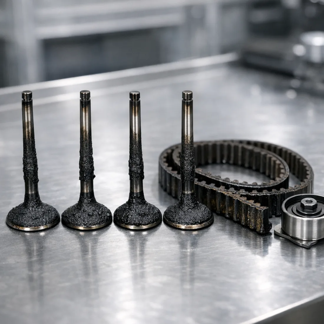 T-Roc 1.5 TSI intake valve carbon build-up and oil bath cambelt components on the workshop bench.