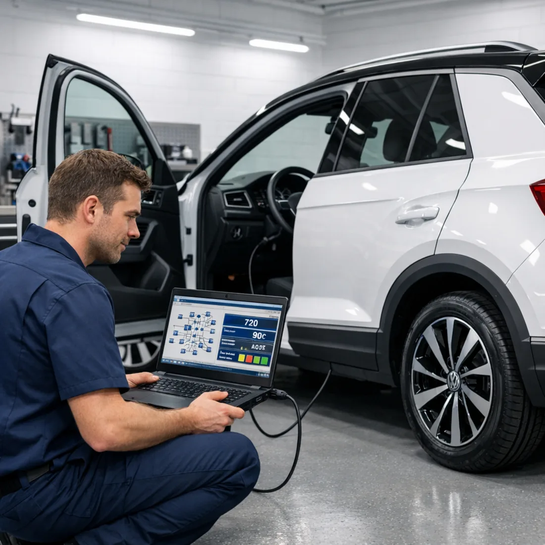 Technician running VW ODIS factory diagnostic software on a T-Roc at our Penrose workshop.
