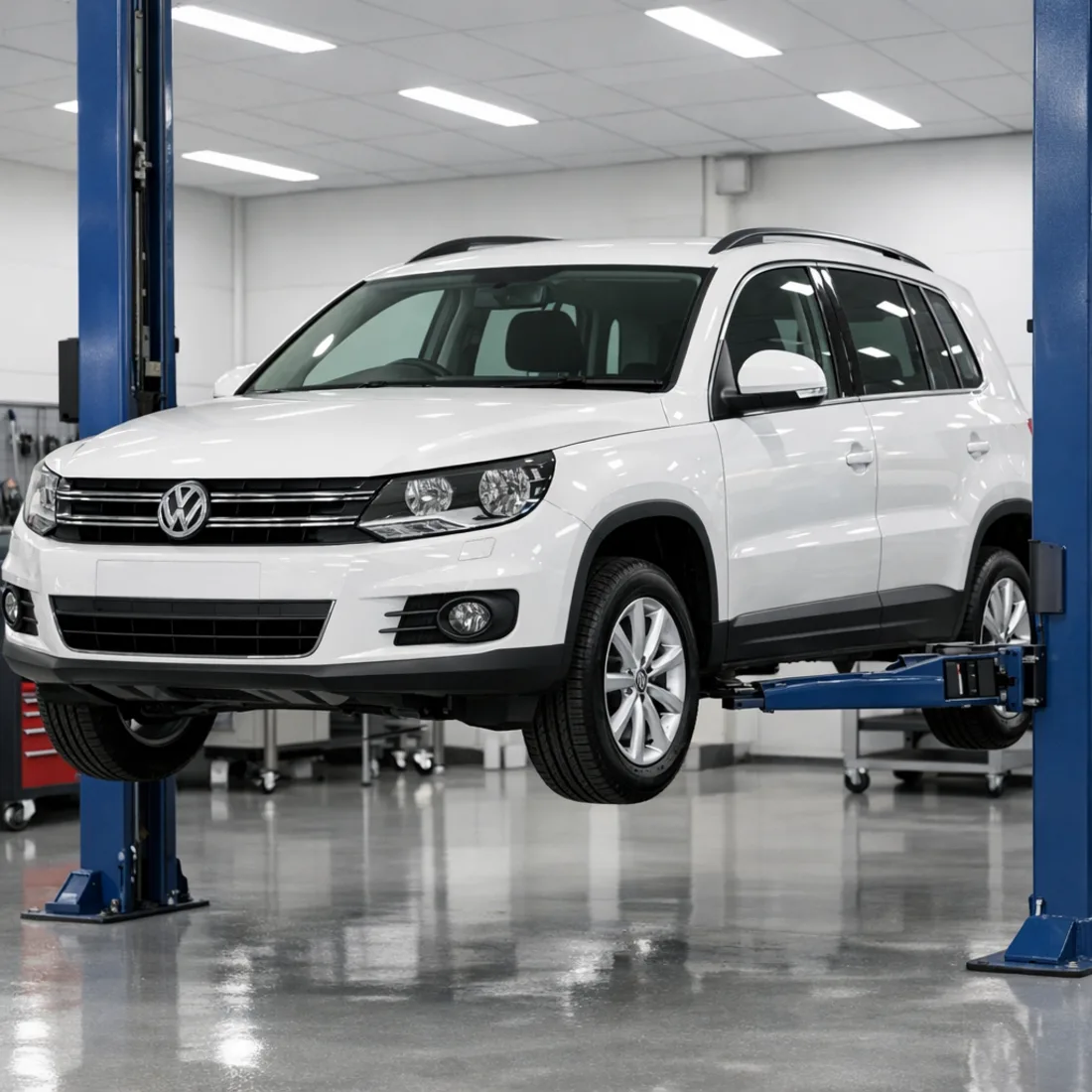 Tiguan 5N 1.4 TSI up on the hoist for inspection at our Penrose workshop