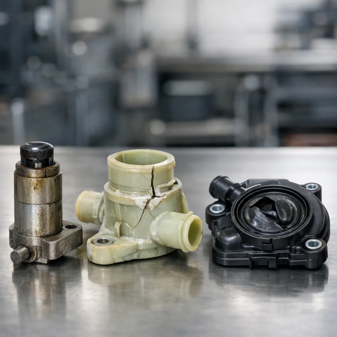 Tiguan 5N 1.4 TSI: worn timing chain tensioner and failed thermostat housing, both common failures on the CAXA