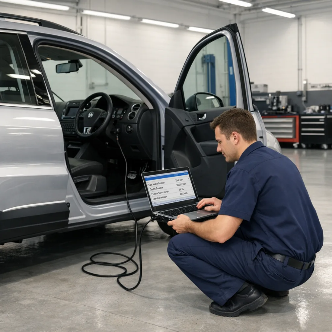 Tiguan 5N 2.0 TDI on ODIS at our workshop; factory diagnostics only, no generic scan tools