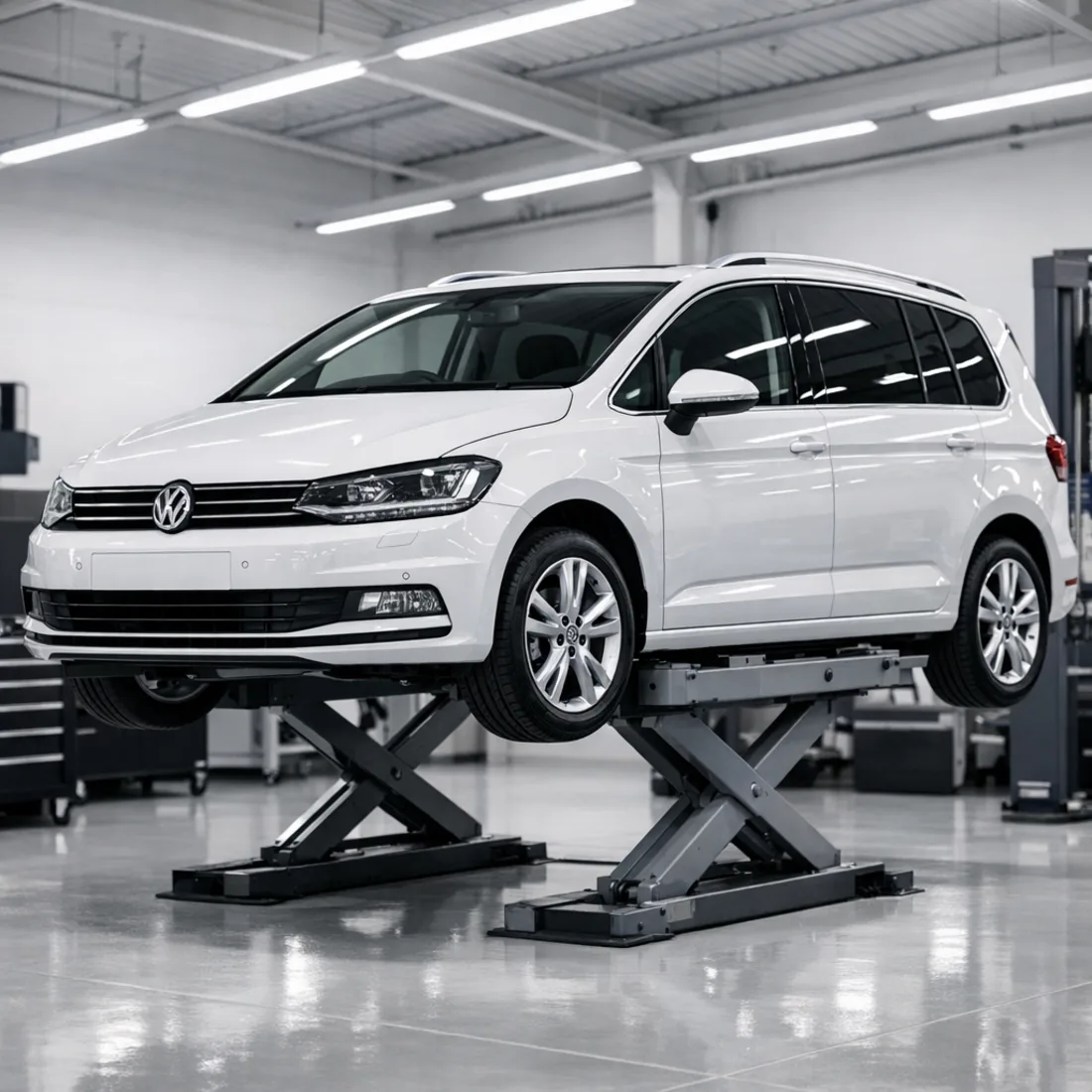 Volkswagen Touran 2.0 TDI on the workshop hoist for routine servicing in Penrose, Auckland.
