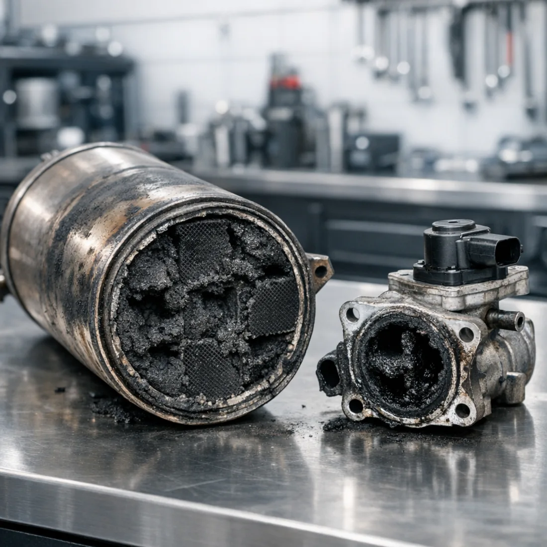 Faulty EGR valve and DPF removed from a Volkswagen Touran 2.0 TDI, showing carbon deposits and soot build-up.