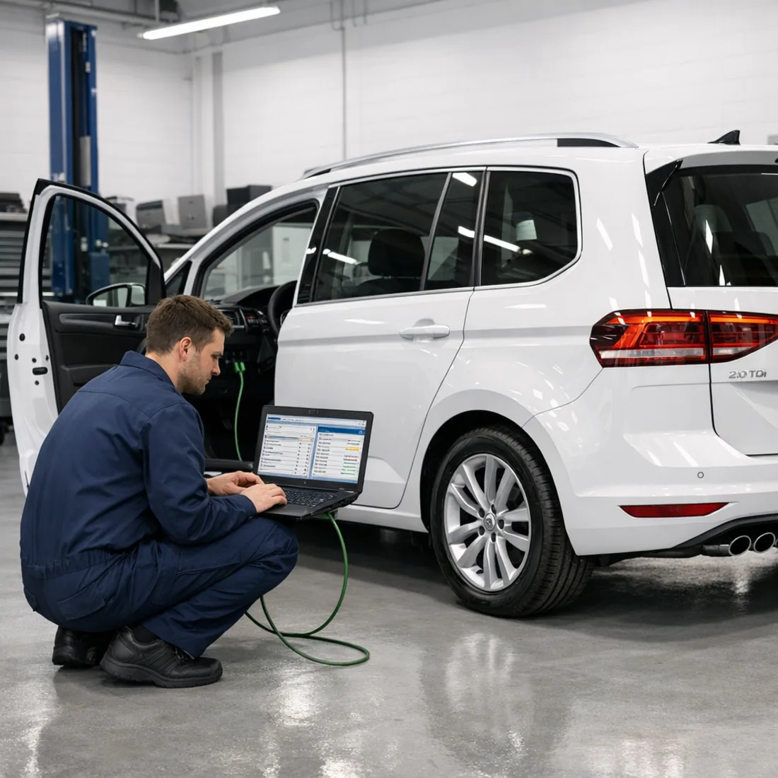 Technician using VW ODIS dealer diagnostic software connected to a Volkswagen Touran 2.0 TDI, reading live engine data and fault codes.