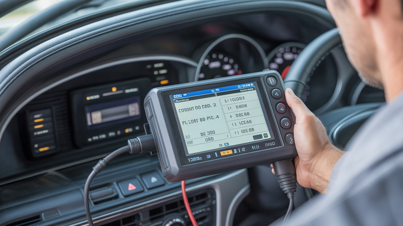 Dealer-grade diagnostic scan tool connected to vehicle ECU