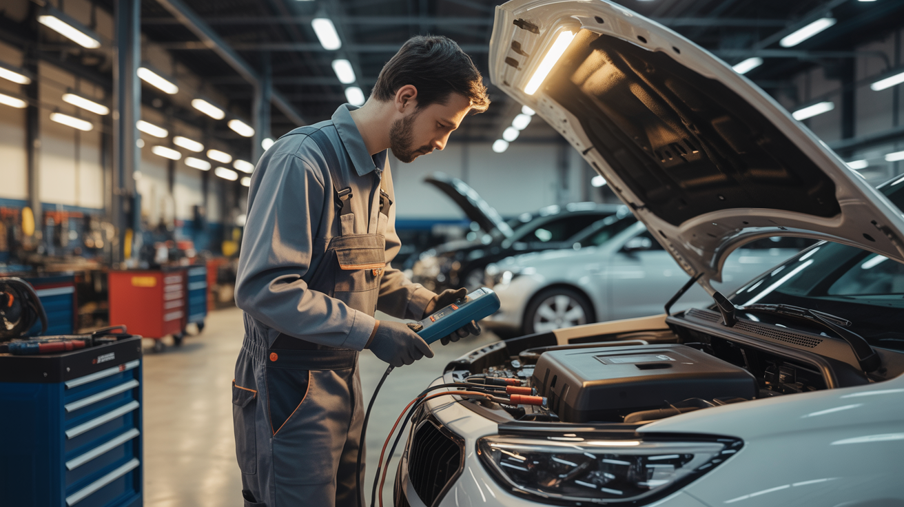 OBDTECH auto electrical workshop with diagnostic tools and vehicle on hoist