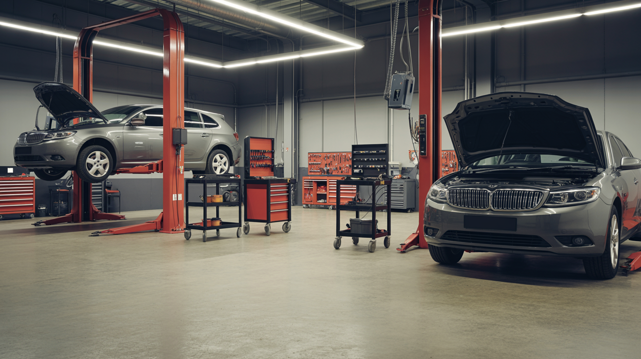 OBDTECH workshop interior with diagnostic equipment and vehicle lifts